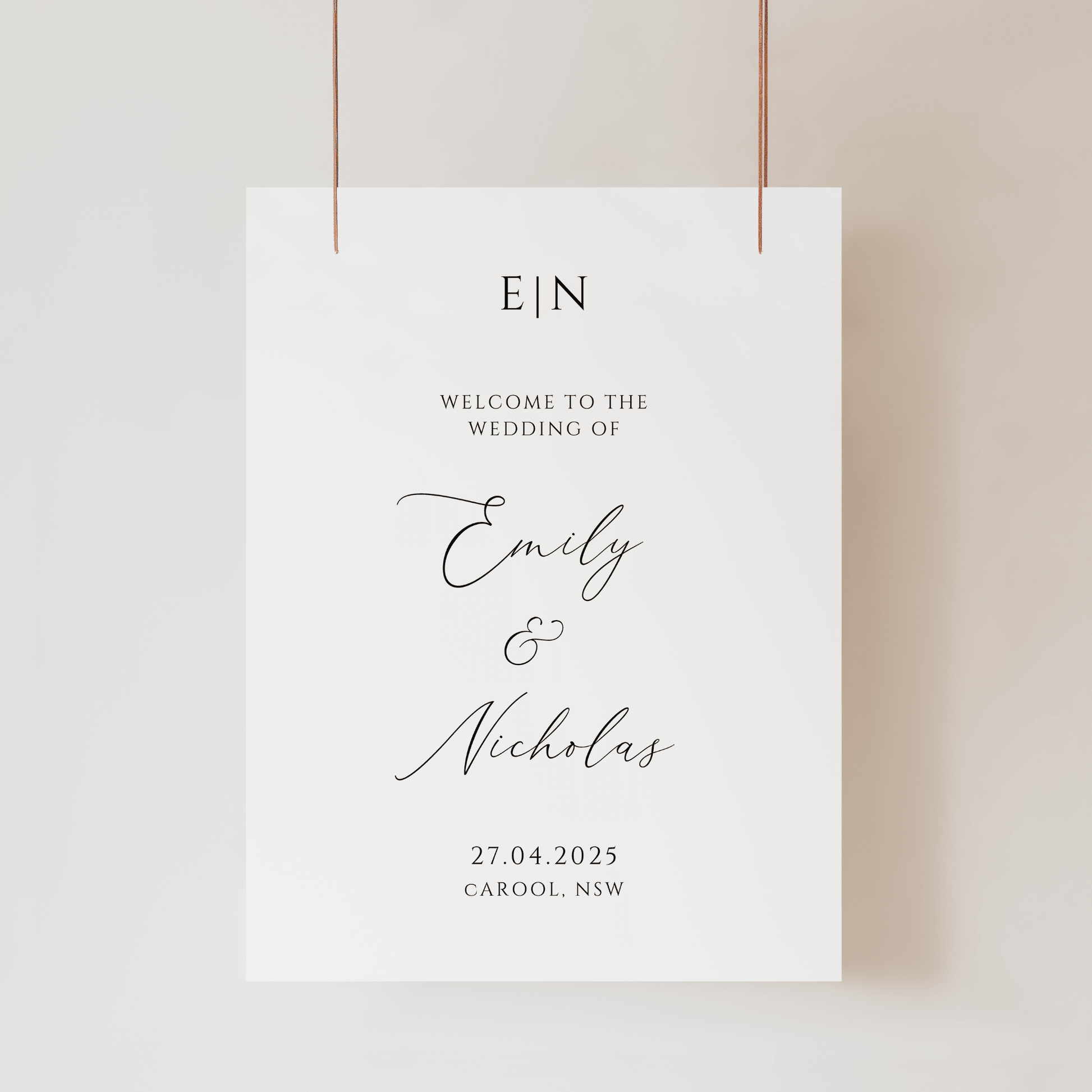 Romance wedding welcome sign with soft minimal layout featuring couple names, date and location details