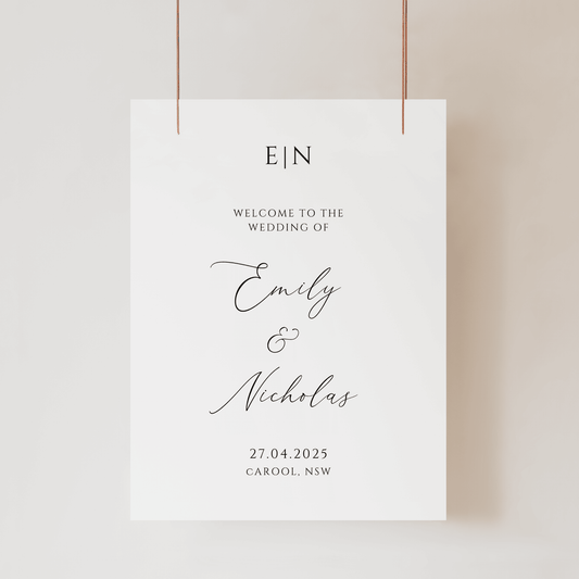 Romance wedding welcome sign with soft minimal layout featuring couple names, date and location details